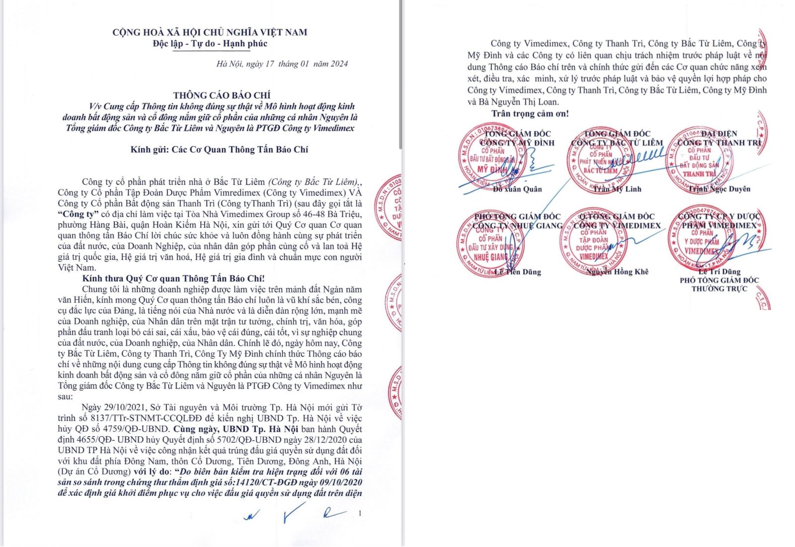 Trang đầu và trang cuối của thông báo các doanh nghiệp gửi cơ quan báo chí.