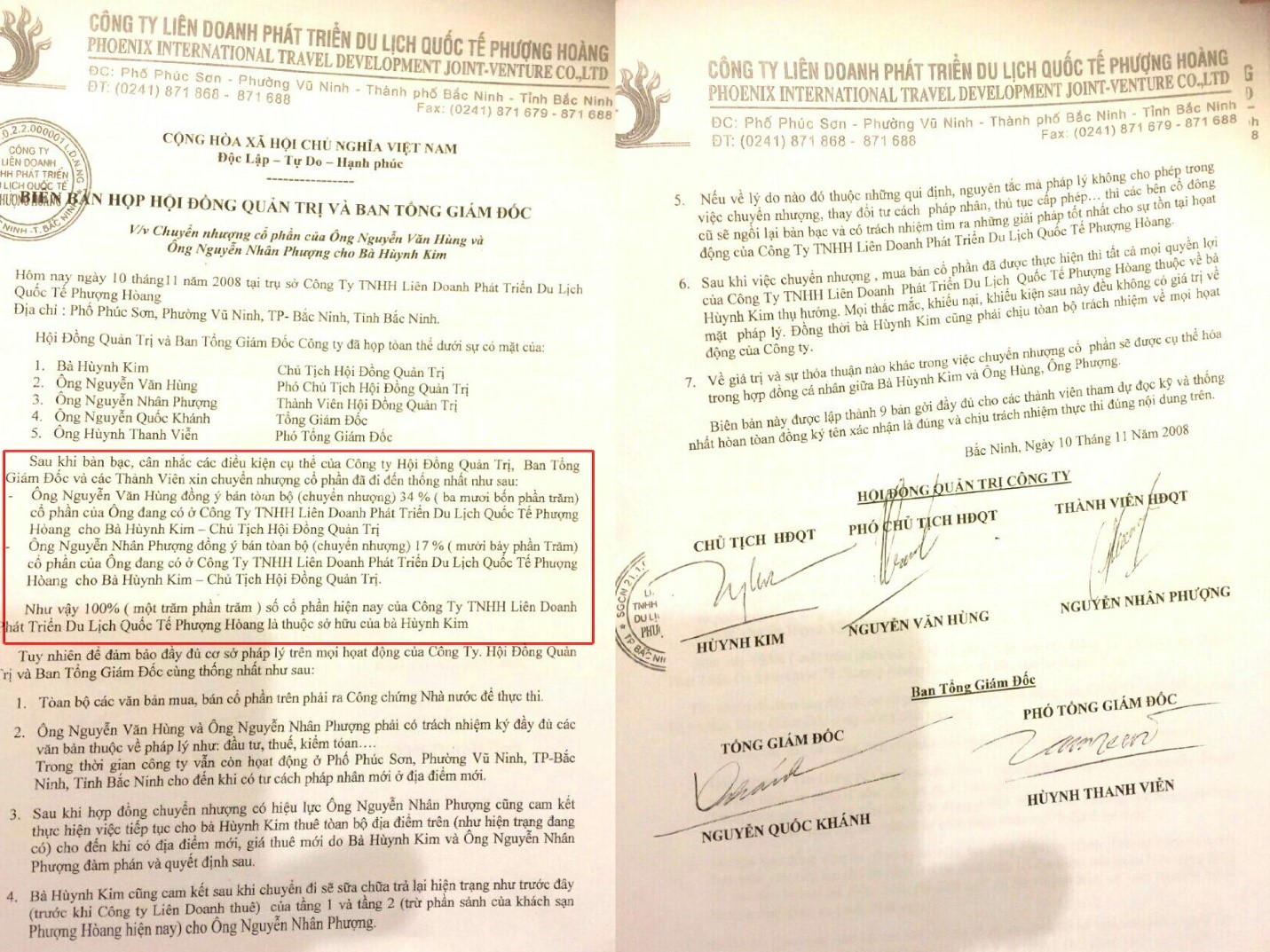Biên bản cuộc họp ngày 10/11/2008 của Liên doanh Phượng Hoàng.