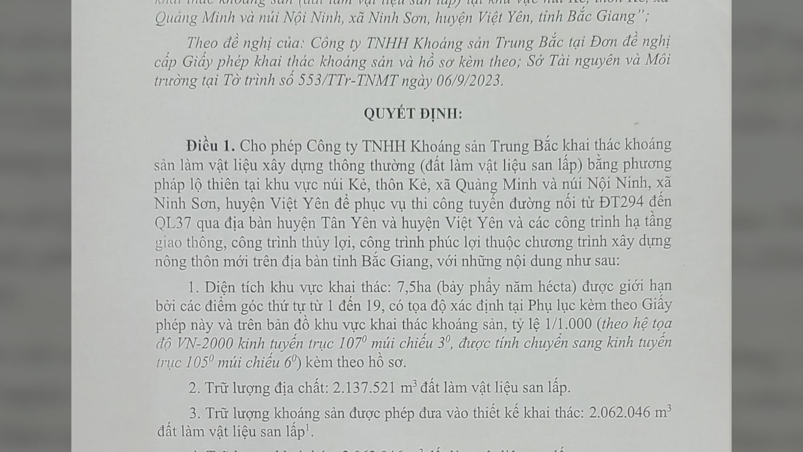 Giấy phép quy định rõ các công trình, địa điểm mà Công ty Trung Bắc được phép bán đất.