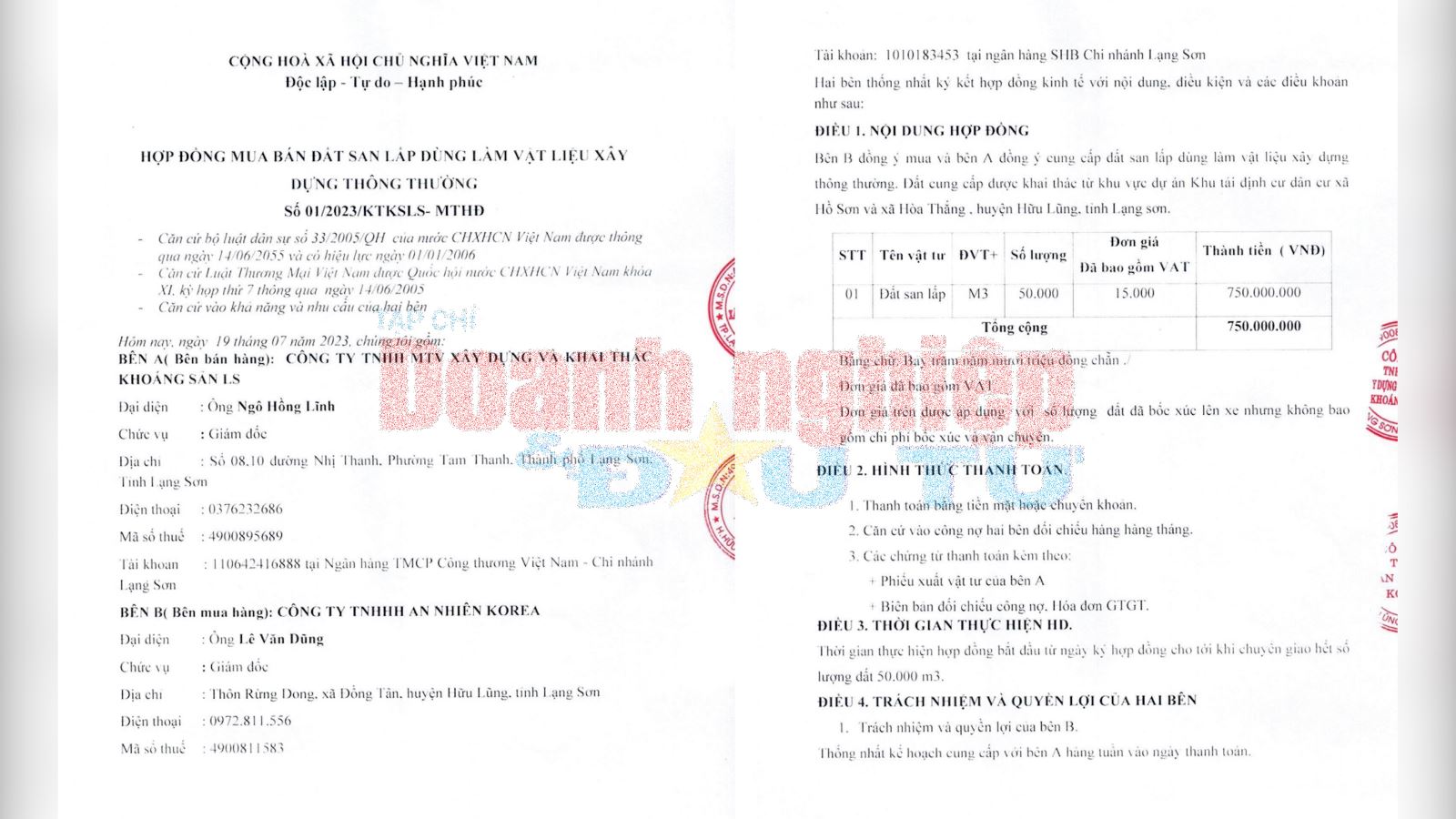 Hợp đồng số 01/2023/KTKSLS-MTHĐ giữa Công ty TNHH MTV Xây dựng và Khai thác khoáng sản LS ký với Công ty TNHH An Nhiên KOREA.