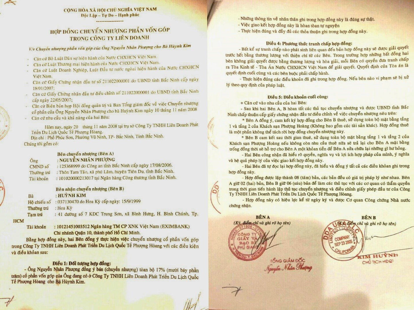 Hợp đồng chuyển nhượng cổ phần góp vốn tại Liên doanh Phượng Hoàng giữa ông Nguyễn Nhân Phượng và bà Huỳnh Kim.