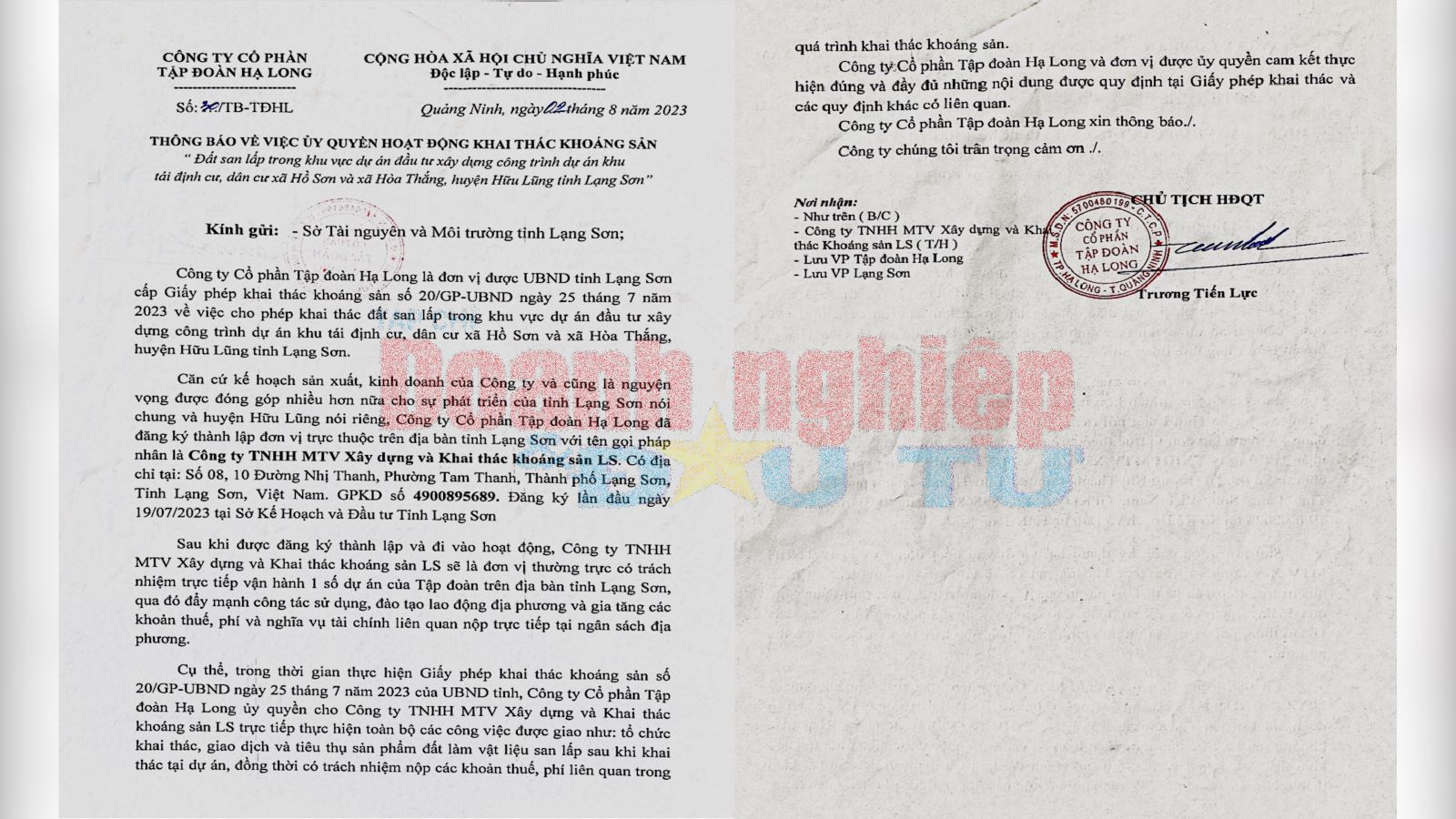 Công ty Tập đoàn Hạ Long đã có giấy ủy quyền về việc tận thu khoáng sản.