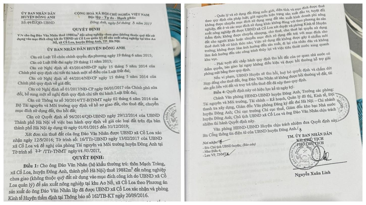 Quyết định của UBND huyện Đông Anh về việc cho ông Đào Văn Nhân thuê gần 20.000 m2 đất nông nghiệp.