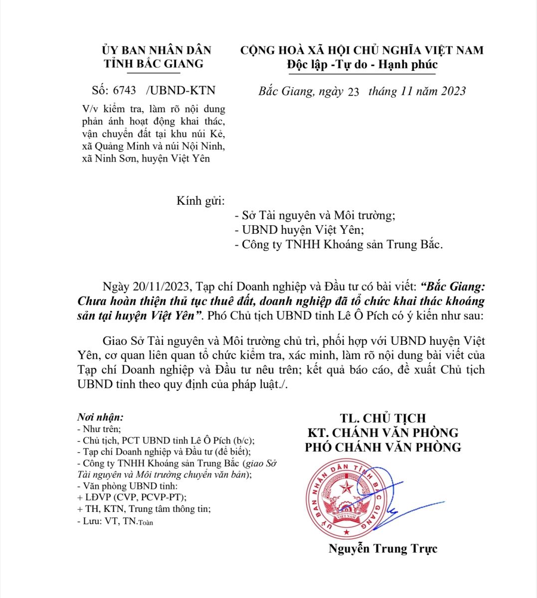 UBND tỉnh Bắc Giang chỉ đạo làm rõ nội dung mà Tạp chí Doanh nghiệp và Đầu tư thông tin trước đó.