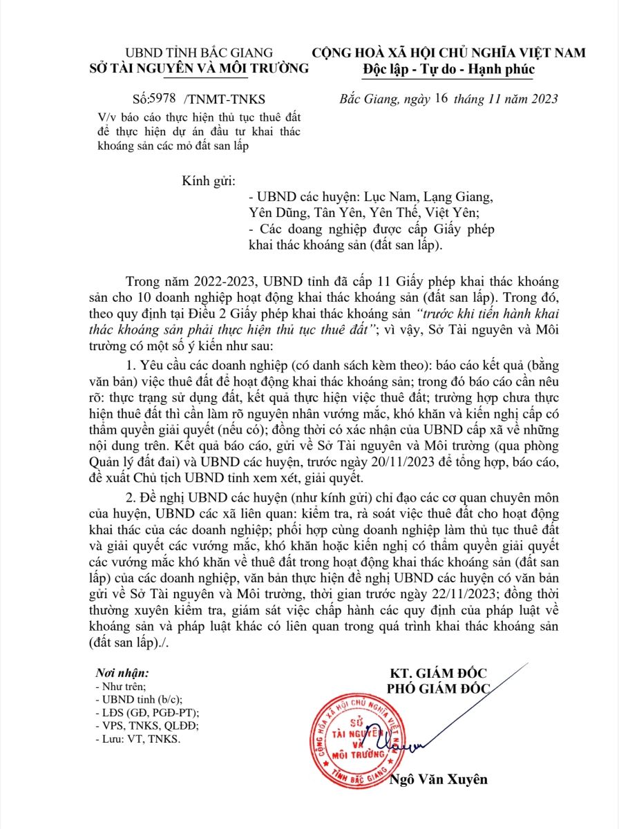 Sau khi làm việc với phóng viên, Sở TN&MT Bắc Giang đã có văn bản đề nghị rà soát thủ tục thuê đất của các mỏ.