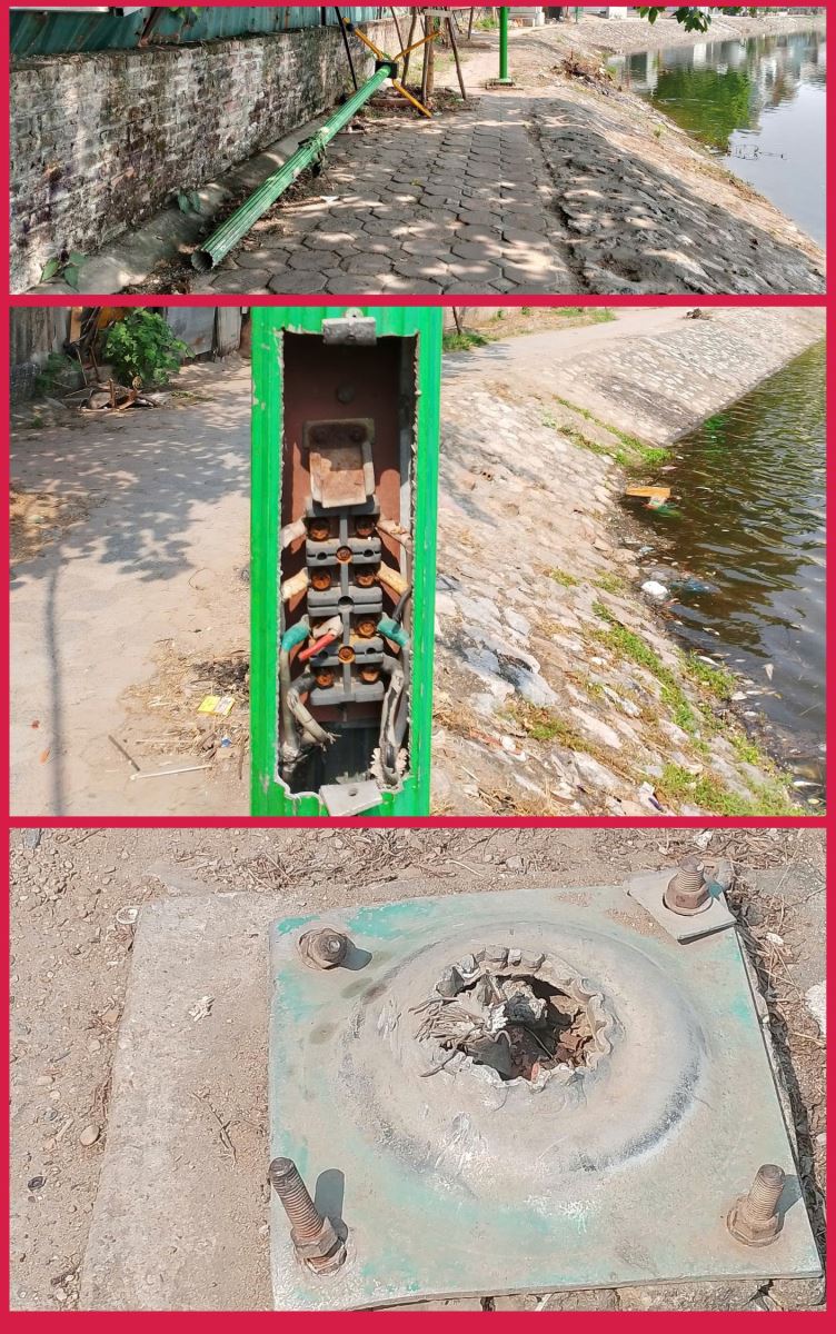 Hệ thống chiếu sáng tại hồ Đầm Hồng nhiều cột đèn đã bị hư hỏng từ nhiều năm nay không được sửa chữa