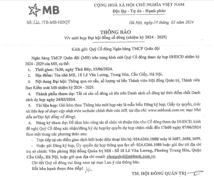 Thông báo về việc tổ chức họp đại hội đồng cổ đông nhiệm kỳ 2024 - 2029 vào ngày 15/6/2024