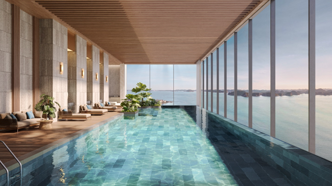 Tòa tháp sở hữu tới 12 hồ bơi trong nhà và ngoài trời với tầm nhìn hướng vịnh. Đặc biệt, tầng 40 với cao độ gần 160 mét, Aria Bay mở ra một “khu nghỉ dưỡng trên cao” với những tiện ích đẳng cấp như hồ bơi vô cực, hồ bơi bốn mùa, sky bar, lounge, và vườn thiên văn... mang đến những trải nghiệm thư giãn trọn vẹn giữa tầng không.