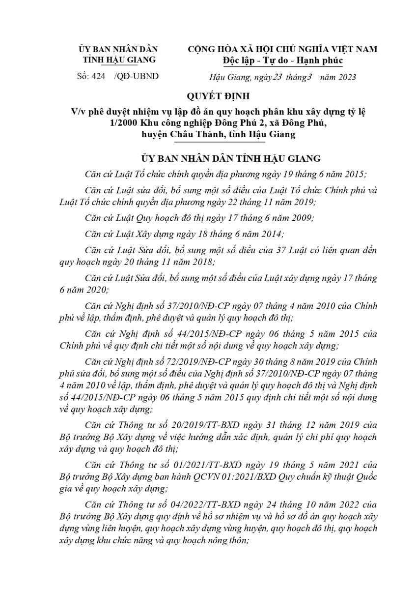 Một phần văn bản Quyết định của UBND tỉnh Hậu Giang