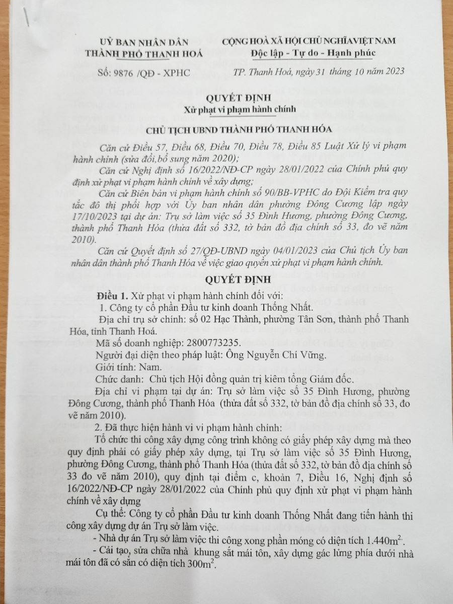 Quyết định xử phạt Công ty Thống Nhất