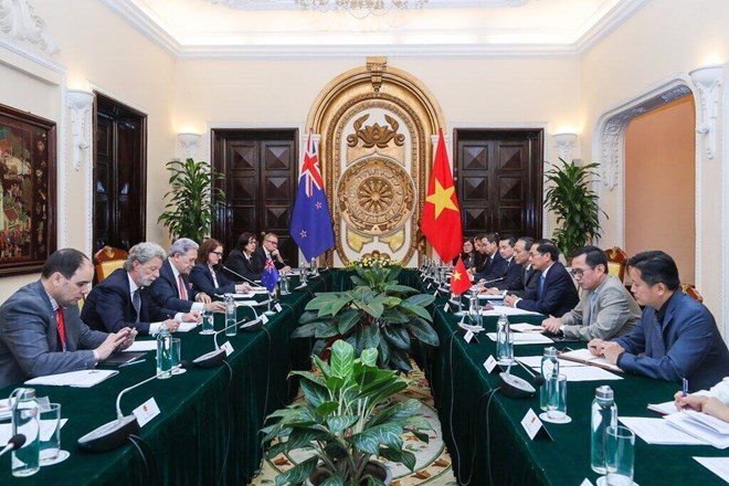 Bộ trưởng Ngoại giao Bùi Thanh Sơn và Phó Thủ tướng, Bộ trưởng Ngoại giao New Zealand Winston Peters đồng chủ trì Hội nghị Bộ trưởng Ngoại giao Việt Nam - New Zealand lần thứ 2. Ảnh: Hải Nguyễn