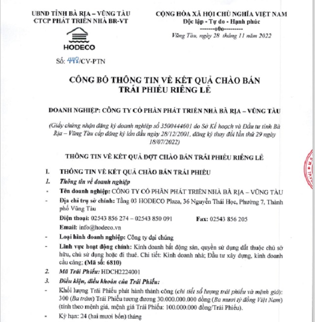 Một phần văn bản của Hodeco về kết quả chào bán trái phiếu riêng lẻ.