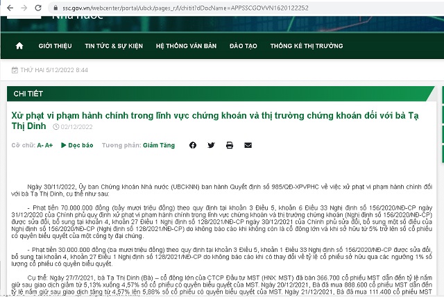 Một phần văn bản xử phạt được UBCKNN công khai