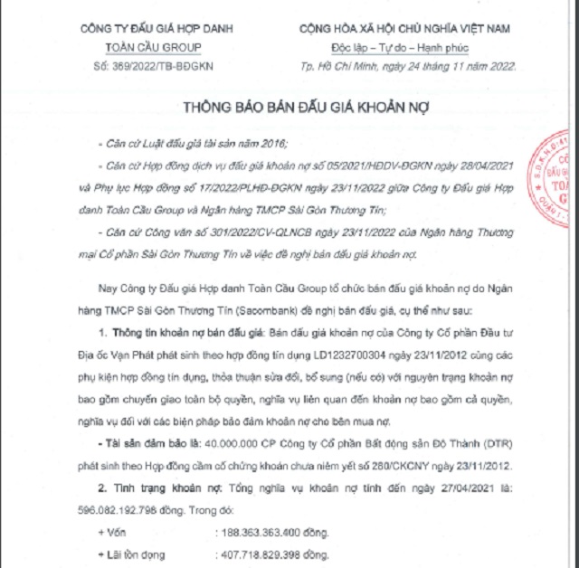 Một phần văn bản của Toàn Cầu Group thông báo bán tài sản theo đề nghị của Sacombank
