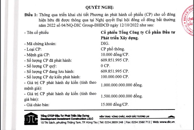 Một phần văn bản Dig Corp về việc phát hành cổ phiếu cho cổ đông hiện hữu
