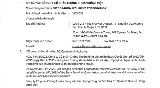 Một phần văn bản được Chứng khoán Rồng Việt công bố