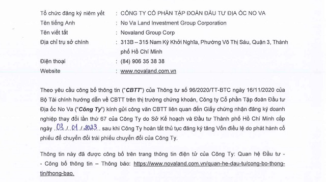 Một phần công bố của NovaLand về việc tăng vốn điều lệ doanh nghiệp