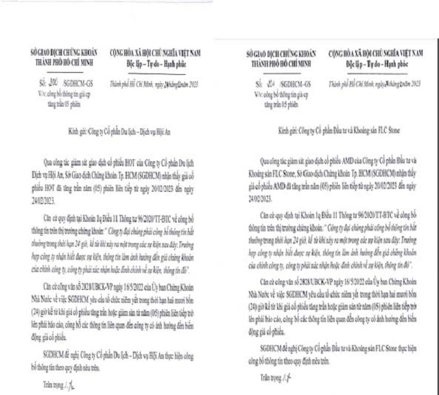 Một phần các văn bản yêu cầu của HOSE