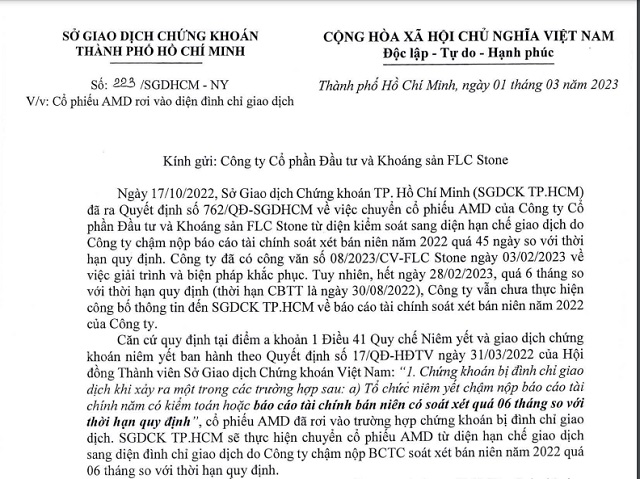 Một phần văn bản HOSE thông báo tới AMD