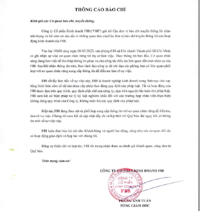 Văn bả thông báo của F88 về thông tin Công an đồng loạt khám xét các văn phòng tại TP. HCM