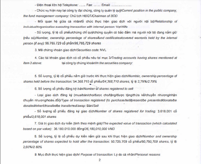 Một phần văn bản thông báo bán ra cổ phiếu NVL của bà Cao Thị Ngọc Sương