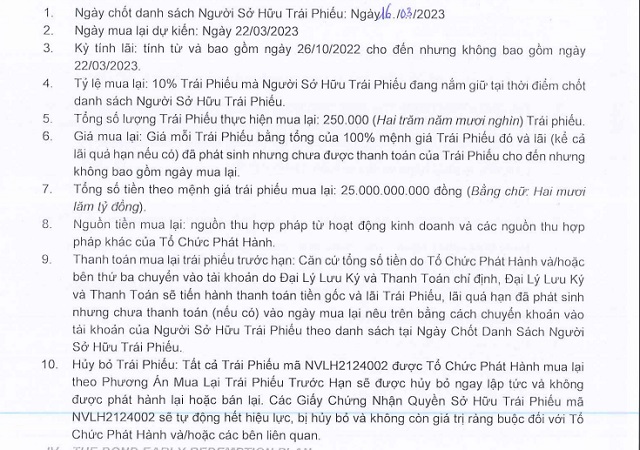 số lượng lần này được Novaland mua lại là 250.000 trái phiếu, bằng 10% tổng lượng trái phiếu trong lô phát hành