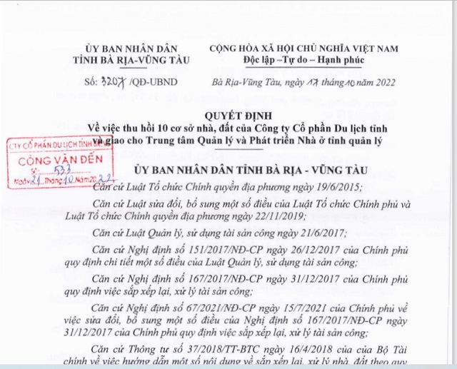 Một phần văn bản quyết định thu hồi nhà, đất của UBND tỉnh Bà Rịa Vũng tàu đối với VTG