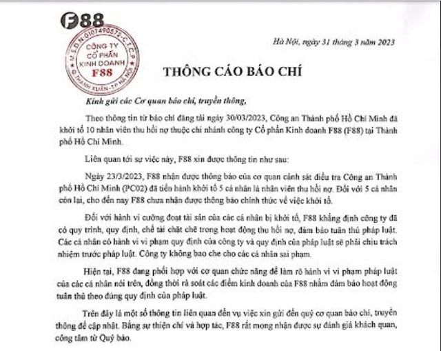 Văn bản thông báo được F88 cung cấp ngày 31/3/2023