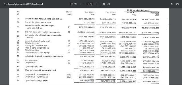 một phần báo cáo tài chính Quý 3/2022 của NVL