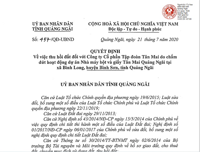 Một phần Quyết định thu hồi đất của Quảng Ngãi đối với Tân Mai Group