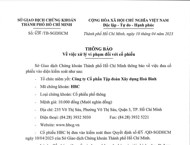 Một phần thông báo sự việc của HOSE