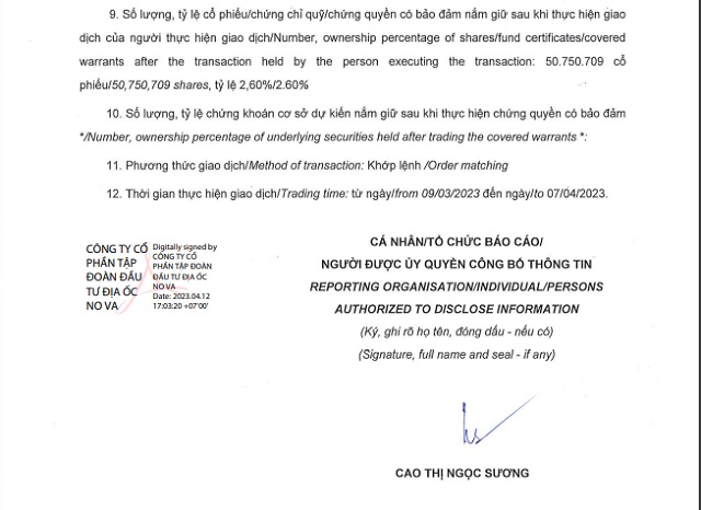 Một phần văn bản của bà Cao Thị Ngọc Sương về việc hoàn thành giao dịch cổ phiếu NVL