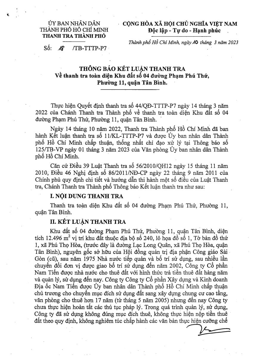 Một phần văn bản Thông báo Kết luận Thanh tra