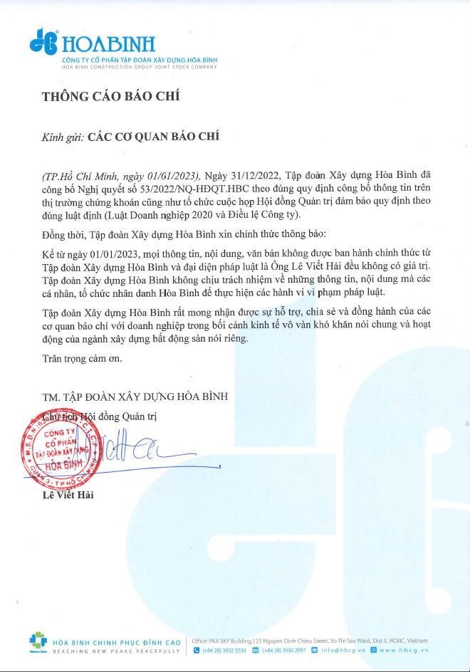 Thông cáo báo chí được ông Lê Viết Hải gửi đến báo giới