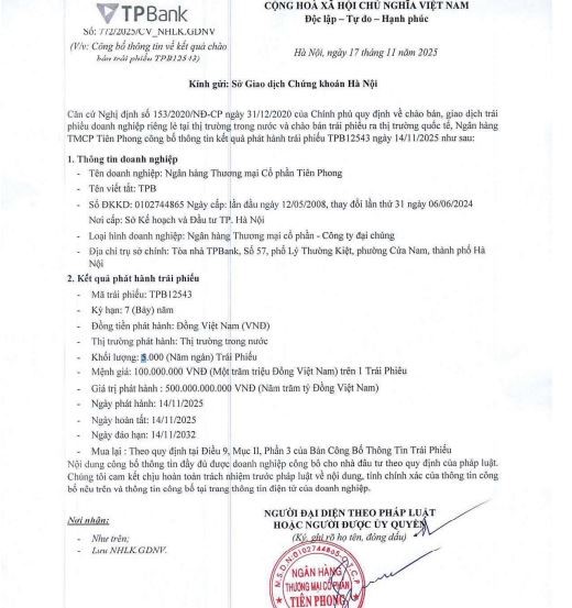 TPBank đã phát hành 5.000 trái phiếu mã TPB12543