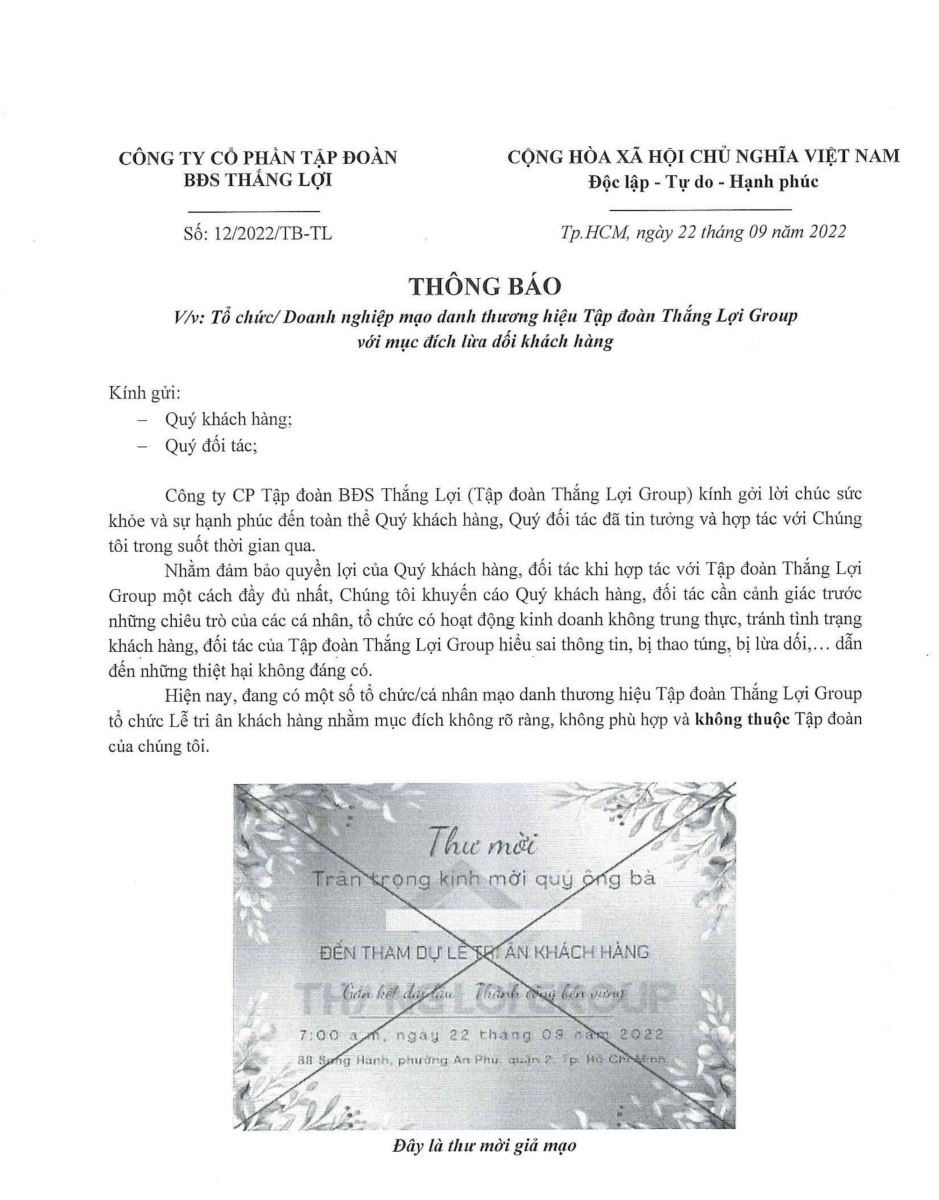 Tập đoàn Thắng Lợi thông báo đến khách hàng về việc bị mạo danh thương hiệu, lừa dối khách hàng
