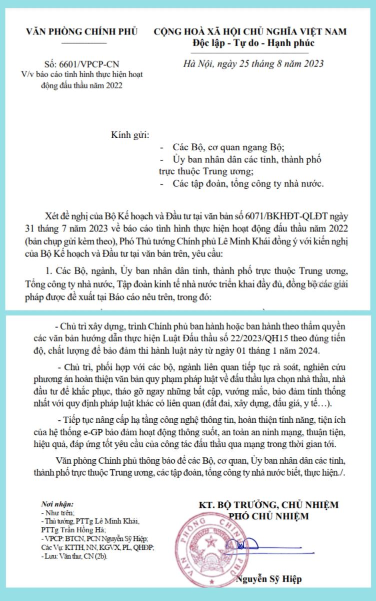 Công văn số 6601/VPCP-CN ngày 25/8/2023 của Văn phòng Chính phủ về hoạt động đấu thầu