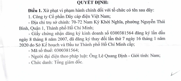 Ảnh chụp quyết định xử phạt Công ty Cổ phần Dây cáp điện Việt Nam của Cục thuế TP. HCM. (Ảnh: cadivi.vn)
