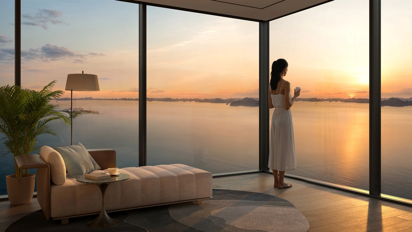 Aria Bay mở ra tầm nhìn panorama vô tận, ôm trọn Vịnh - Hồ - Phố, nơi mỗi ngày là một trải nghiệm sống độc bản. Ảnh: Phối cảnh tầm nhìn từ căn hộ tòa Sol – Aria Bay.