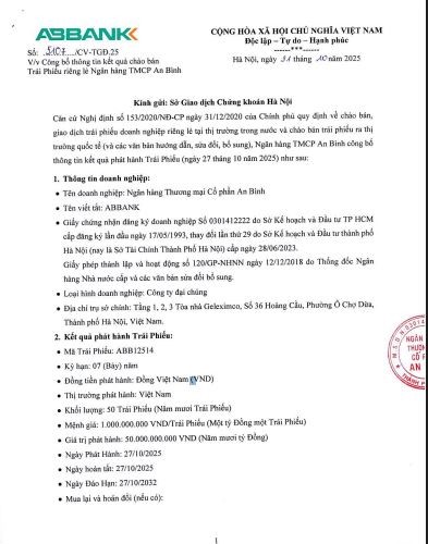 ABBank huy động thành công 50 tỷ đồng từ kênh trái phiếu (nguồn: HNX).