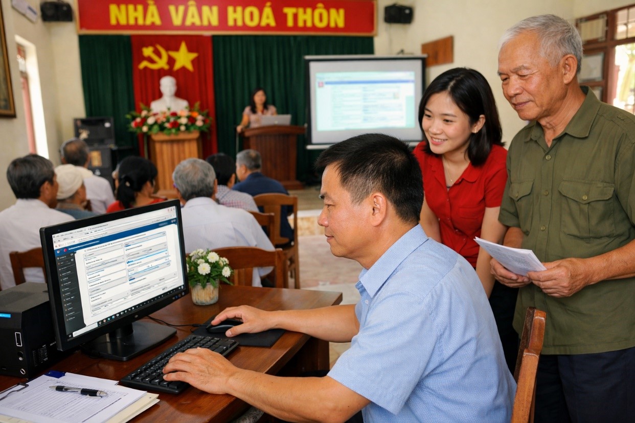 Việc bổ sung trang thiết bị công nghệ thông tin giúp các thôn thuận lợi hơn trong việc tiếp cận và sử dụng các nền tảng số, đặc biệt là trong tuyên truyền và giải quyết thủ tục hành chính. (Ảnh AI minh họa)