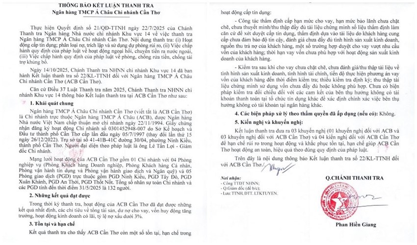 Kết luận thanh tra Ngân hàng Nhà nước tại ACB Cần Thơ.