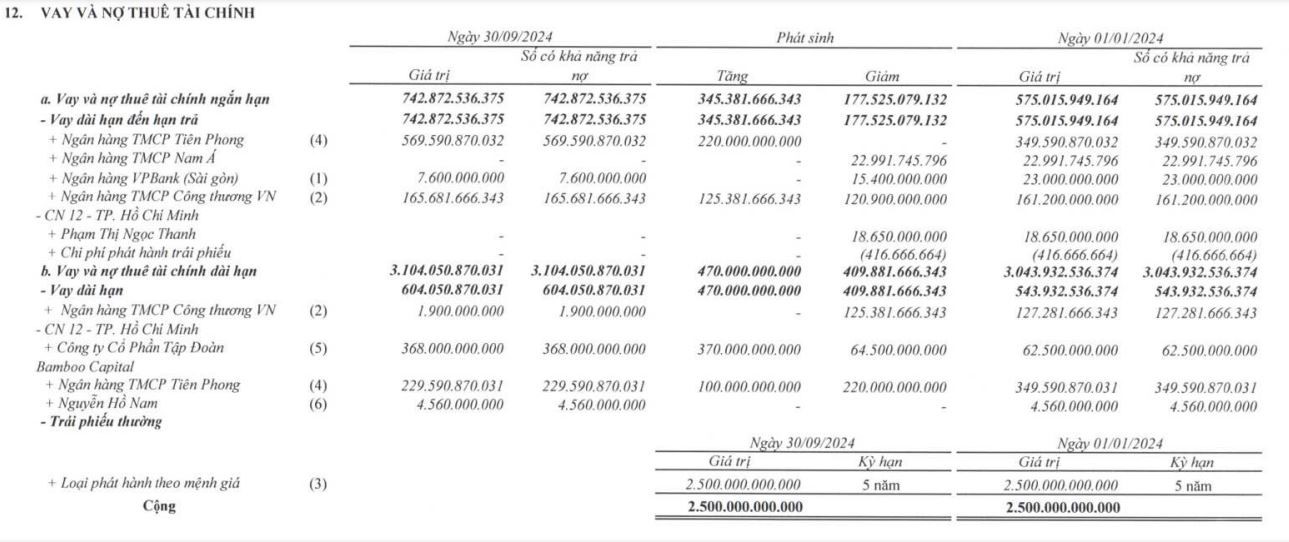 Nợ vay tại BCG Land (nguồn: Báo cáo tài chính Hợp nhất quý 3/2024).