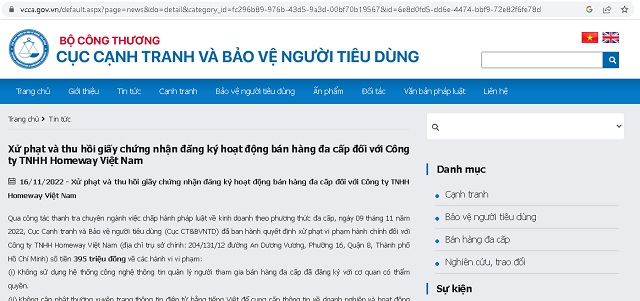 Một phần thông báo công khai trên trang chủ của Cục Cạnh tranh và Bảo vệ người tiêu dùng (Bộ Công Thương)