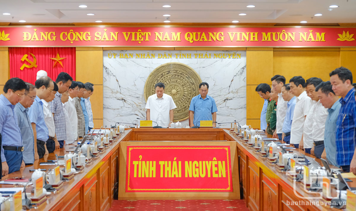 Các đại biểu dự tại điểm cầu tỉnh Thái Nguyên dành 1 phút mặc niệm những nạn nhân bị tử vong do ảnh hưởng của cơn bão số 3 và hoàn lưu bão.
