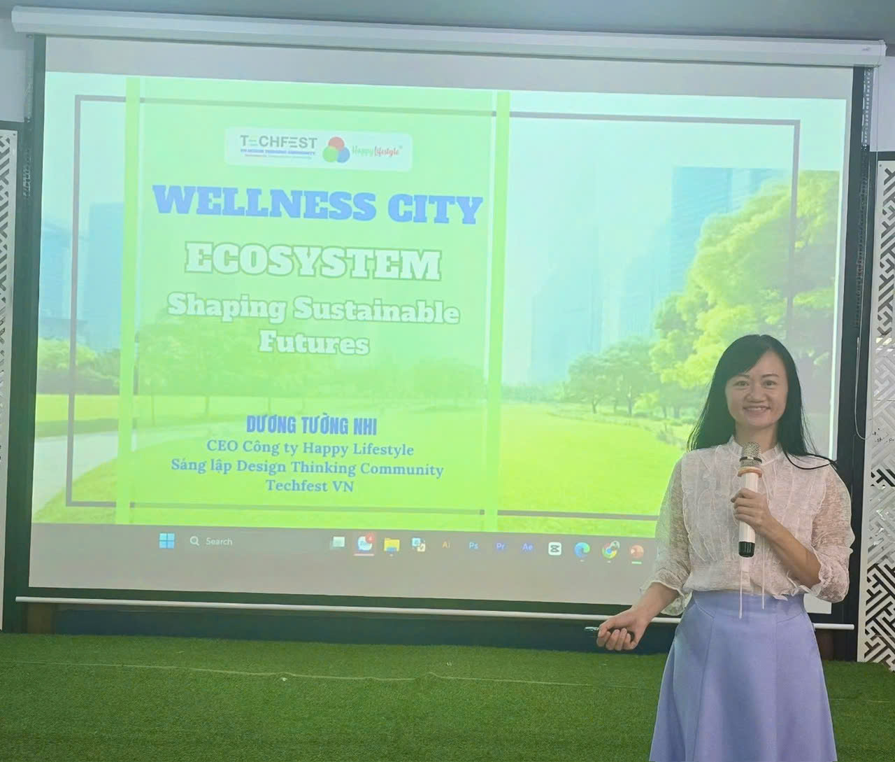 “Wellness City Ecosystem” - mô hình hệ sinh thái kinh doanh đổi mới, tích hợp 15 mục tiêu phát triển bền vững (SDGs) được bà Dương Tường Nhi - người sáng lập Cộng đồng Tư duy Thiết kế giới thiệu tỉ mỉ tại Hội thảo.