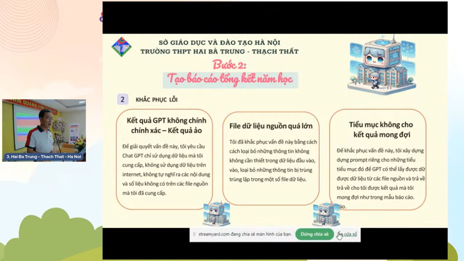 Thầy giáo Khuất Đăng Khoa - Hiệu trưởng trường THPT Hai Bà Trưng (Thạch Thất) chia sẻ dự án ứng dụng AI “Báo cáo tổng kết thực hiện nhiệm vụ năm học 2023 – 2024” 