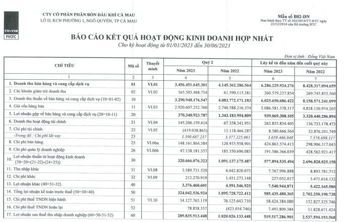 Một phần BCTC HN Quý II/2023 của PVCFC.