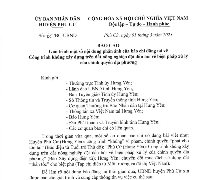 Báo cáo giải trỉnh của UBND huyện Phù Cừ về sự việc có liên quan