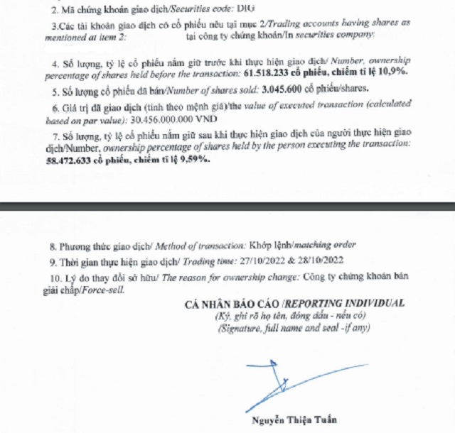 Một phần báo cáo kết quả giao dịch của cổ đông nội bộ và cổ đông lớn của Tổng công ty cổ phần Đầu tư Phát triển Xây dựng (DIC Corp – HOSE: DIG)